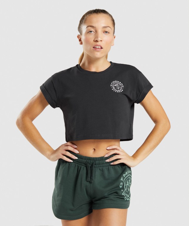 Camiseta Gymshark Legacy Graphic Crop Negras | nXQ6hugdXbn