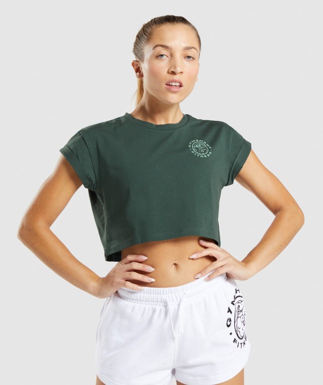 Camiseta Gymshark Legacy Graphic Crop Verde Oscuro | zVwUSQ9us3e