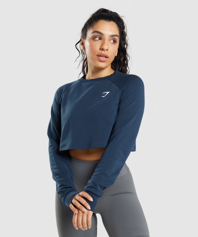 Pullover Gymshark Entrenamiento Cropped Sueter Azul Marino | YF2hHqAN7Vu