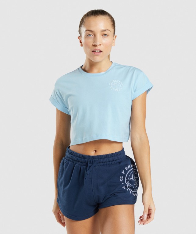 Camiseta Gymshark Legacy Graphic Crop Azules | rT7JFyZsvMn