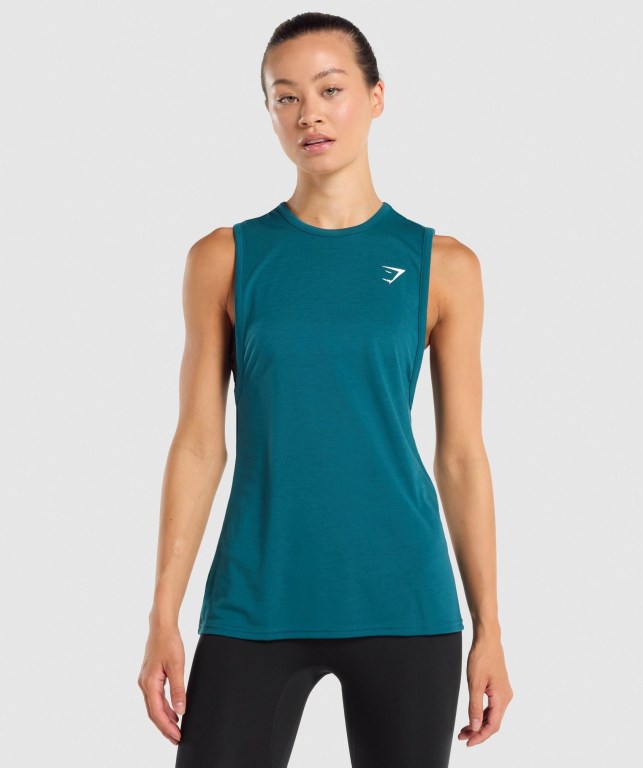 Camiseta Sin Mangas Running Gymshark Entrenamiento Drop Arm Turquesa | drcjRqHXANq